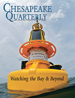 Chesapeake Bay Interpretive Buoy System buoy, cover of Chesapeake Quarterly Volume 15, Number 2. Photograph, Michael Eversmier