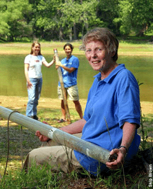 Grace Brush now holding a sediment core - photo by Skip Brown