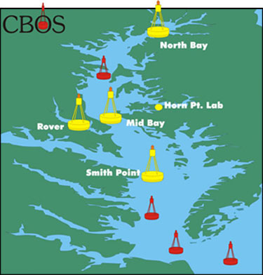 basemap showing locations CBOS bouys around the Chesapeake Bay